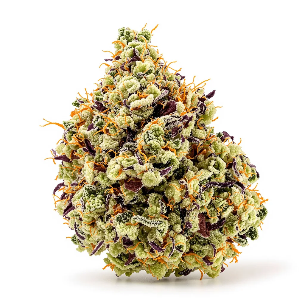 Green Goblin 48% indica / 52% sativa — flor con tricomas visibles