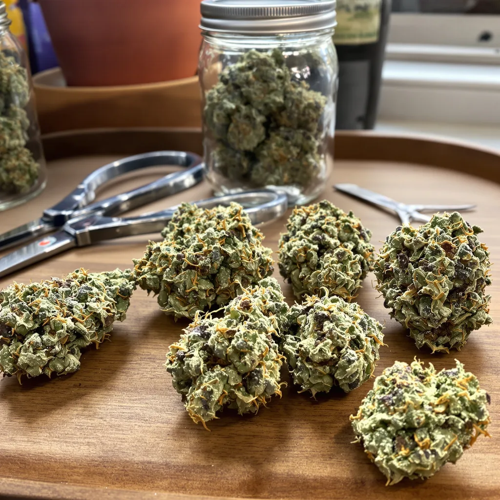 Green Goblin 48% indica / 52% sativa — flor con tricomas visibles