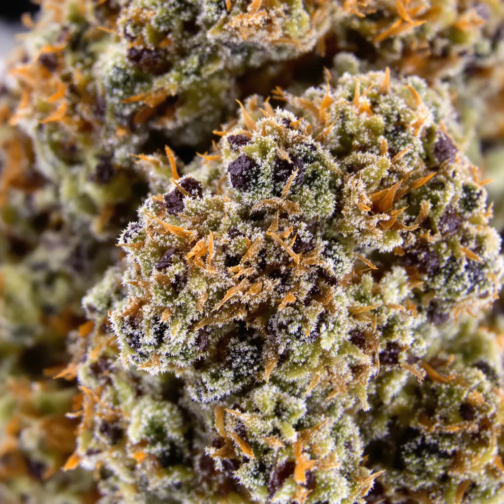 Primer plano de cogollo de cannabis Green Goddess mostrando cálices densos con tonos morados