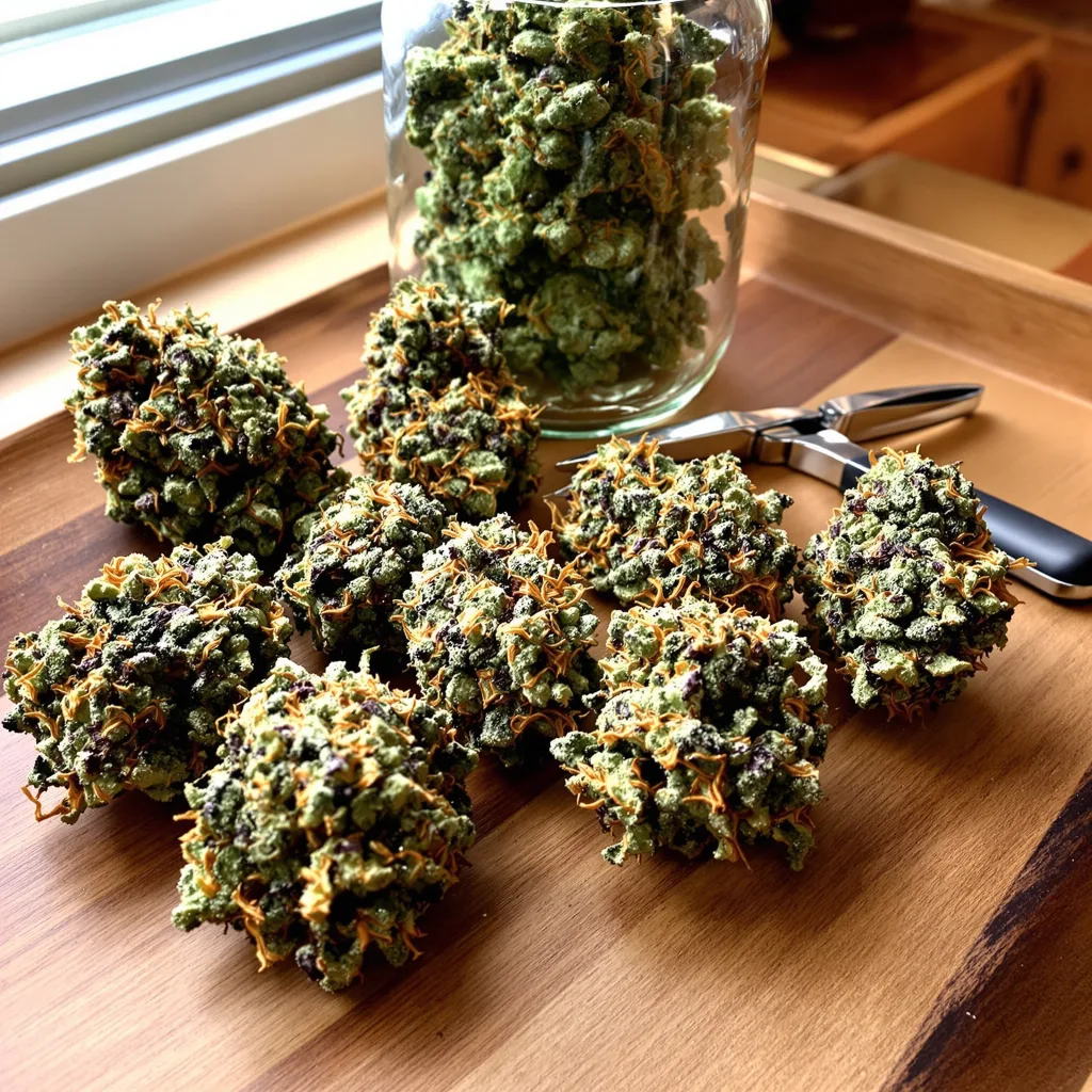 Green Kush 36% indica / 64% sativa — flor con tricomas visibles