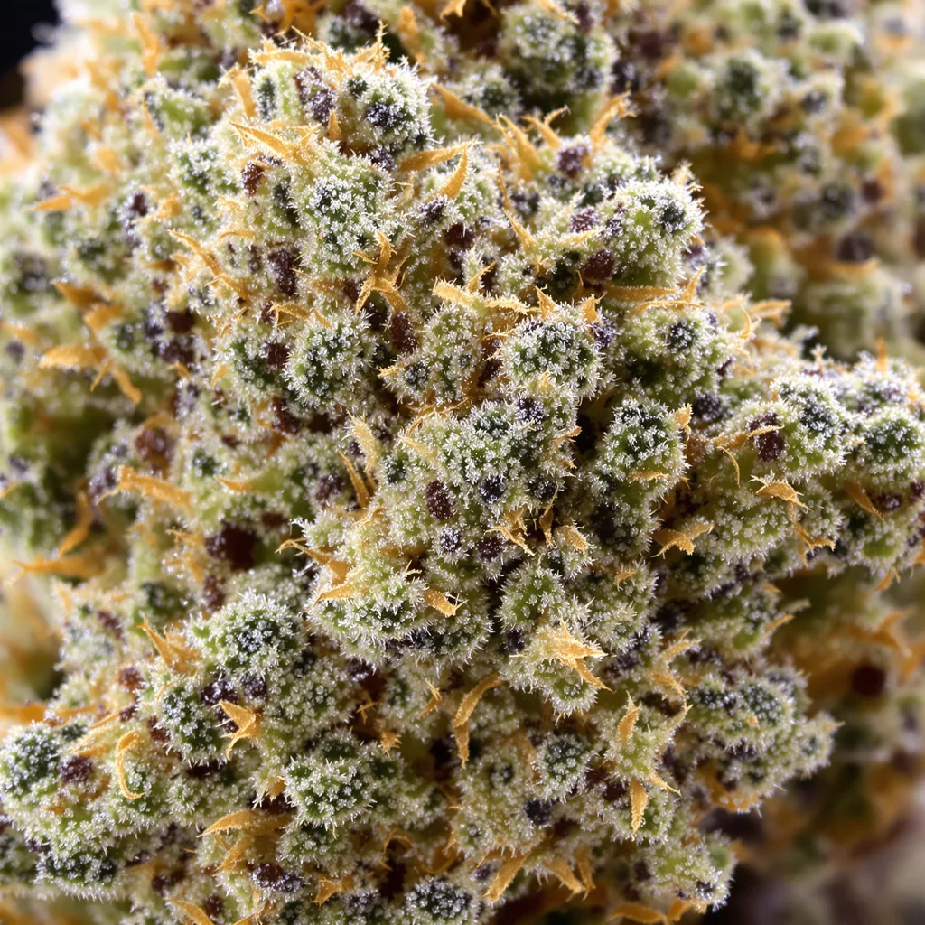 Primer plano de cogollo de cannabis Green Kush mostrando estructura abierta con pistilos naranjas