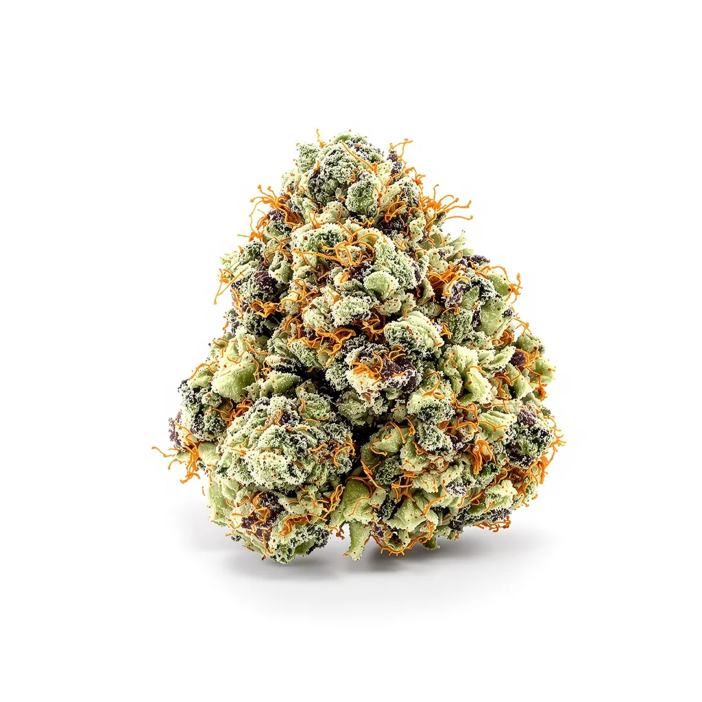 Green Kush 36% indica / 64% sativa — flor con tricomas visibles