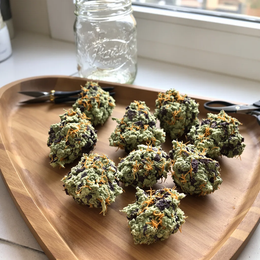 Green Line OG 63% indica / 37% sativa — flor con tricomas visibles