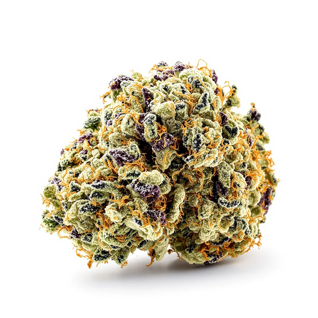 Green Line OG 63% indica / 37% sativa — flor con tricomas visibles