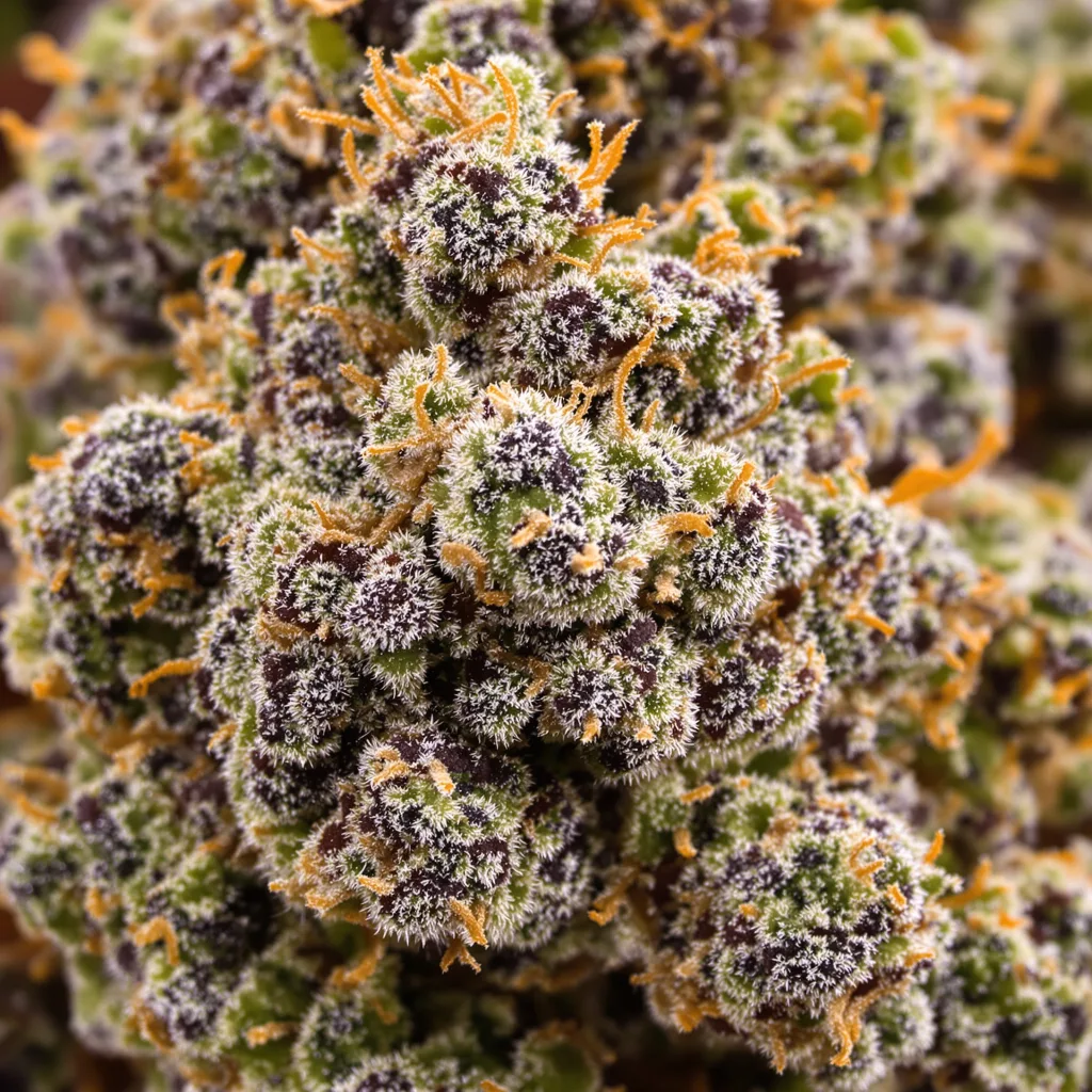 Primer plano de cogollo de cannabis Green Love Potion mostrando cálices densos con tonos morados