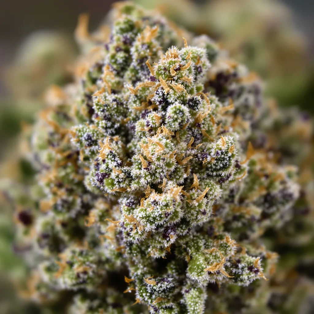 Primer plano de cogollo de cannabis Green Poison mostrando cálices densos con tonos morados