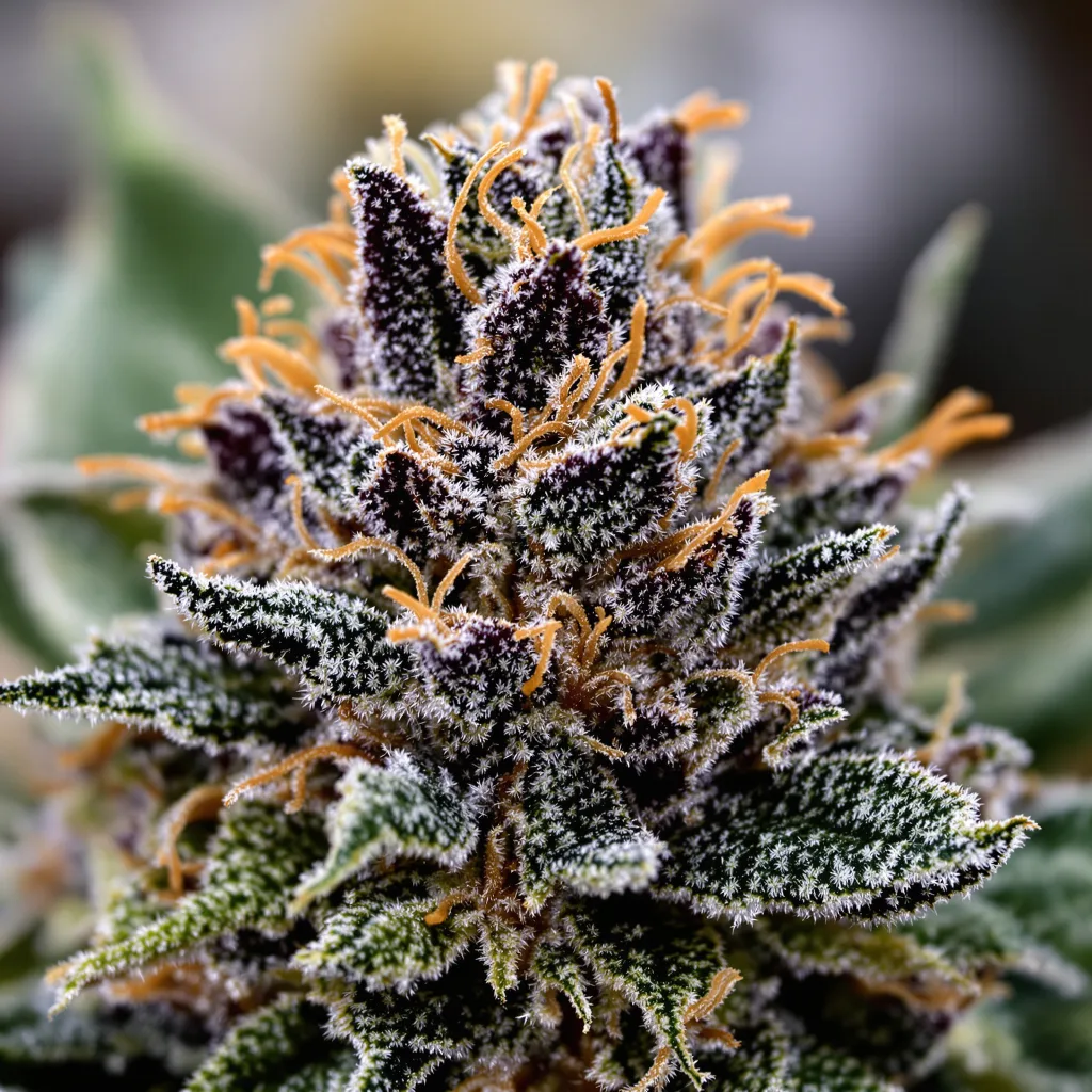 Primer plano de cogollo de cannabis Green Poison mostrando cálices densos con tonos morados