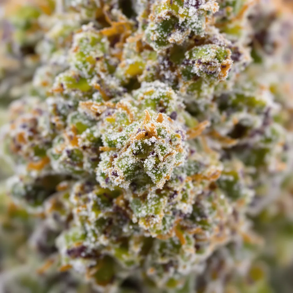Primer plano de cogollo de cannabis Guido Kush mostrando estructura equilibrada con tricomas escarchados