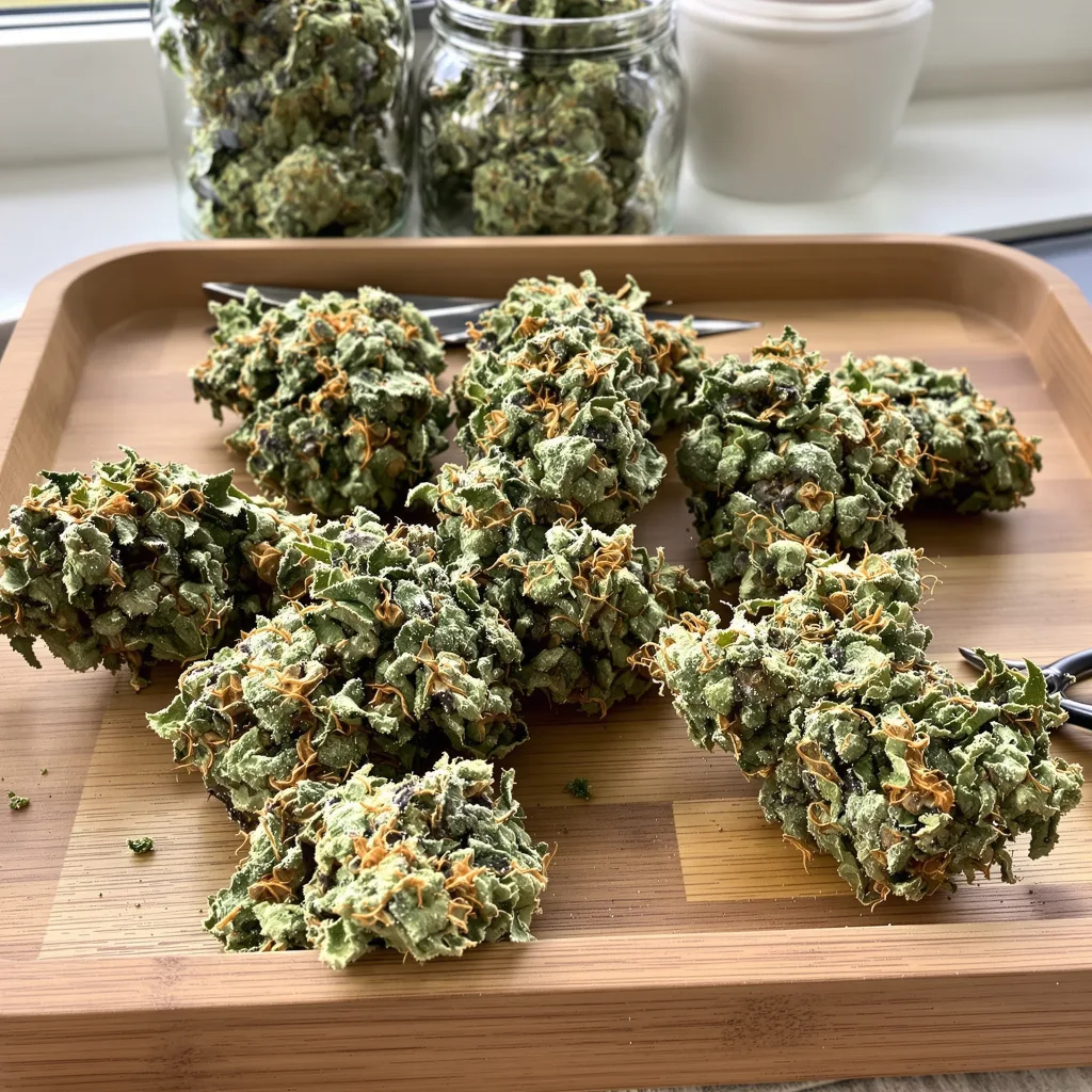 Gupta Kush 44% indica / 56% sativa — flor con tricomas visibles