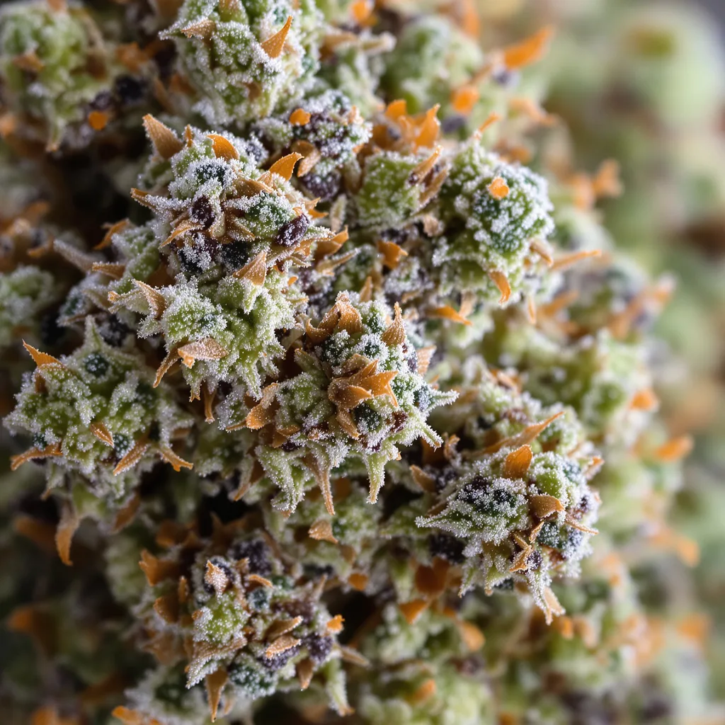Primer plano de cogollo de cannabis Gupta Kush mostrando estructura equilibrada con tricomas escarchados