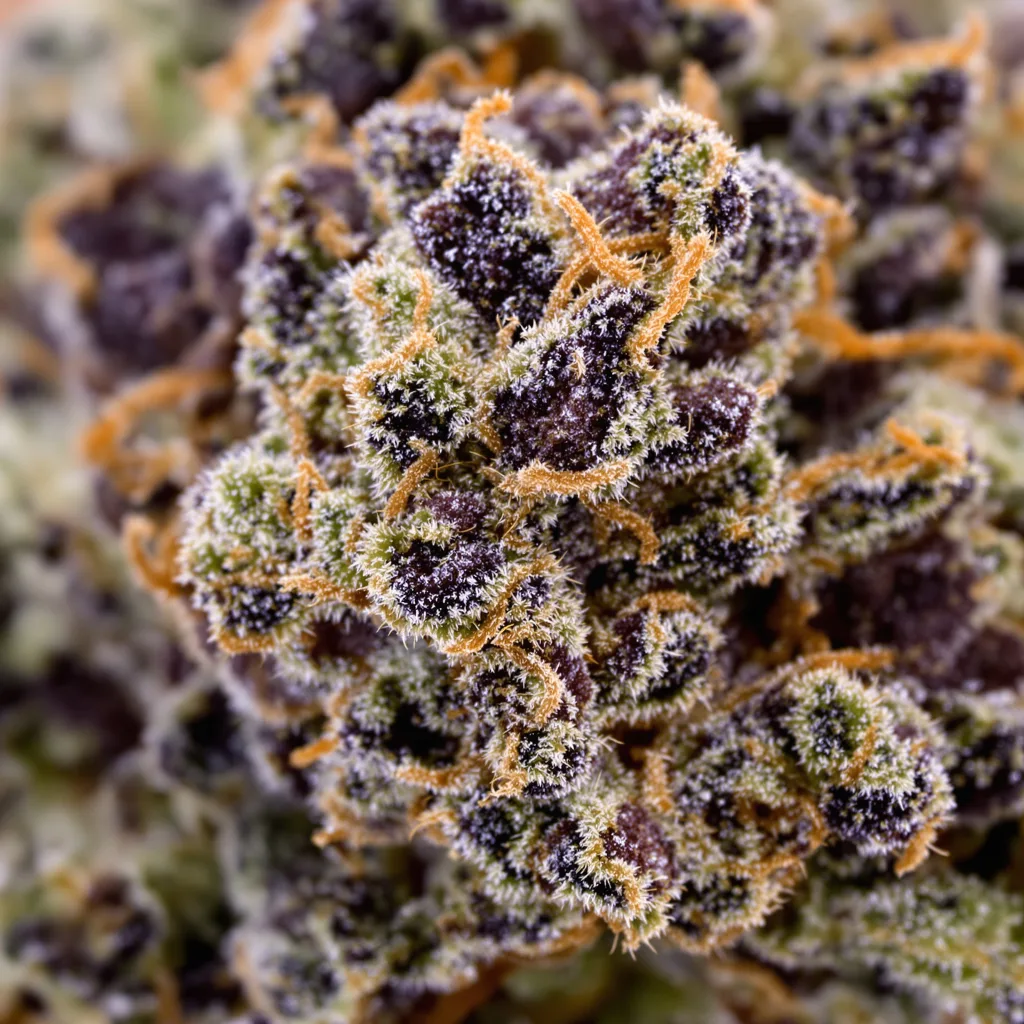 Primer plano de cogollo de cannabis Gutbuster mostrando cálices densos con tonos morados