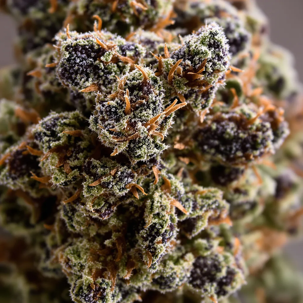 Primer plano de cogollo de cannabis Hammerhead mostrando cálices densos con tonos morados