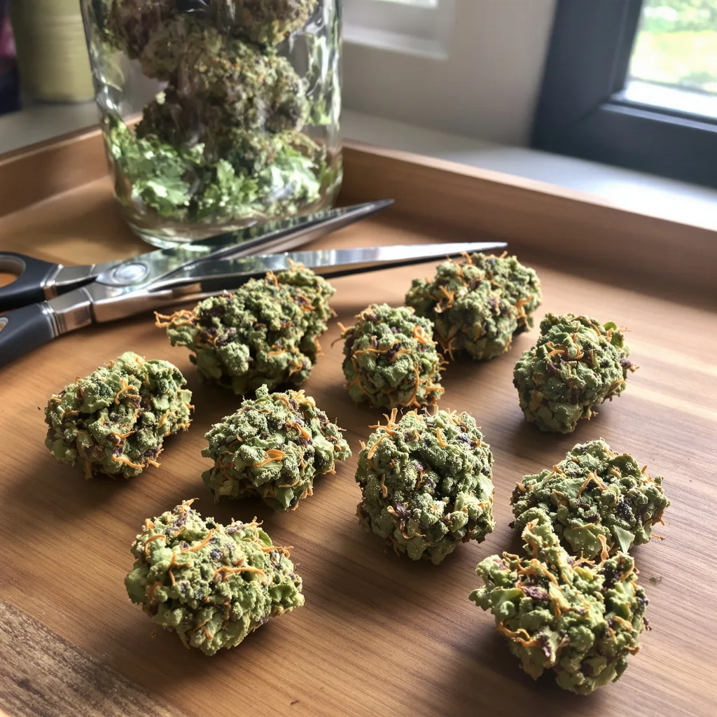 Han Burger 52% indica / 48% sativa — flor con tricomas visibles