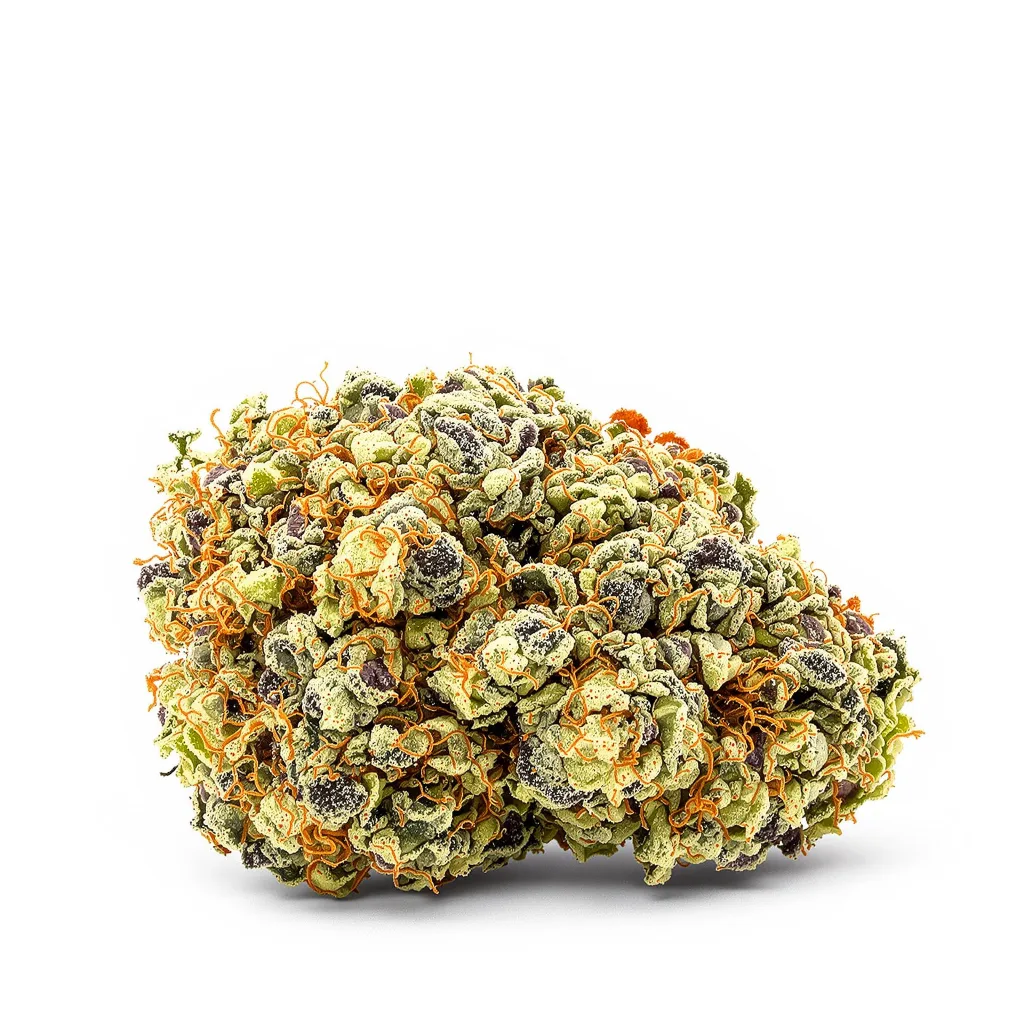Han Burger 52% indica / 48% sativa — flor con tricomas visibles