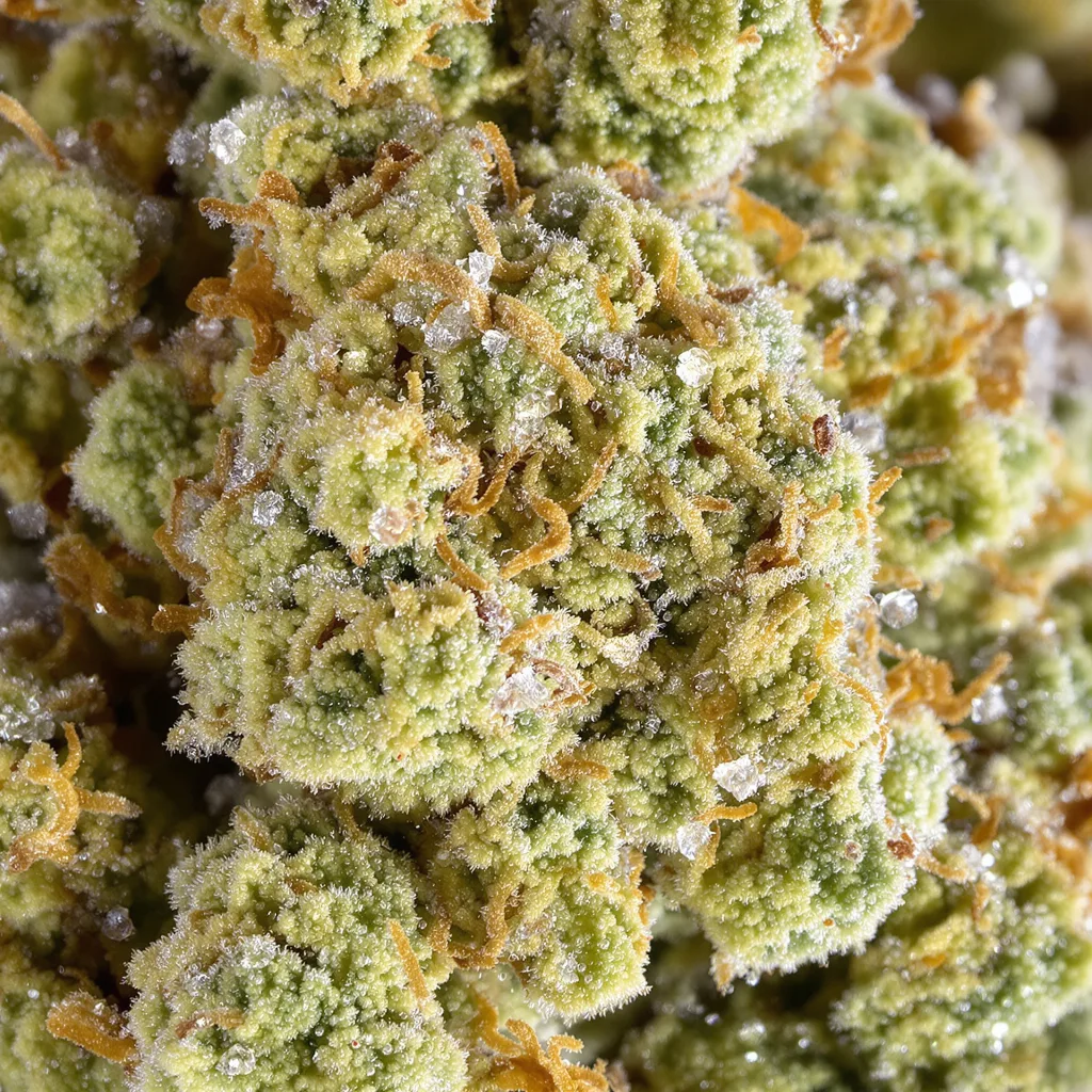 Primer plano de cogollo de cannabis Harle-Tsu CBD mostrando flor clara con baja resina