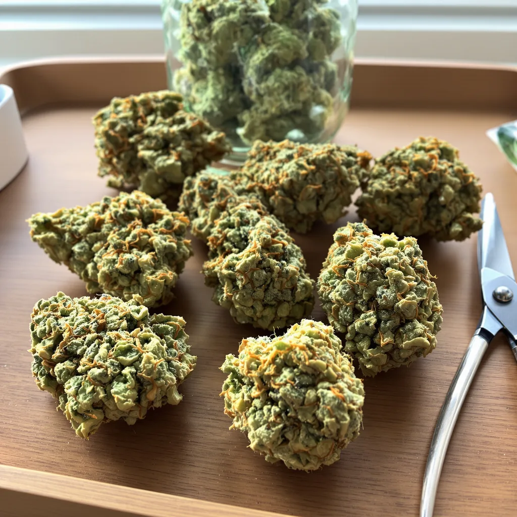 Harlequin CBD 43% indica / 57% sativa — flor con tricomas visibles