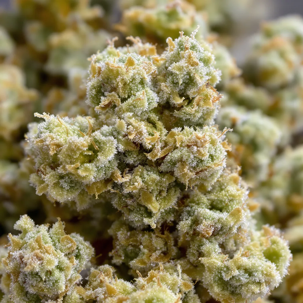 Primer plano de cogollo de cannabis Harlequin CBD mostrando flor clara con baja resina