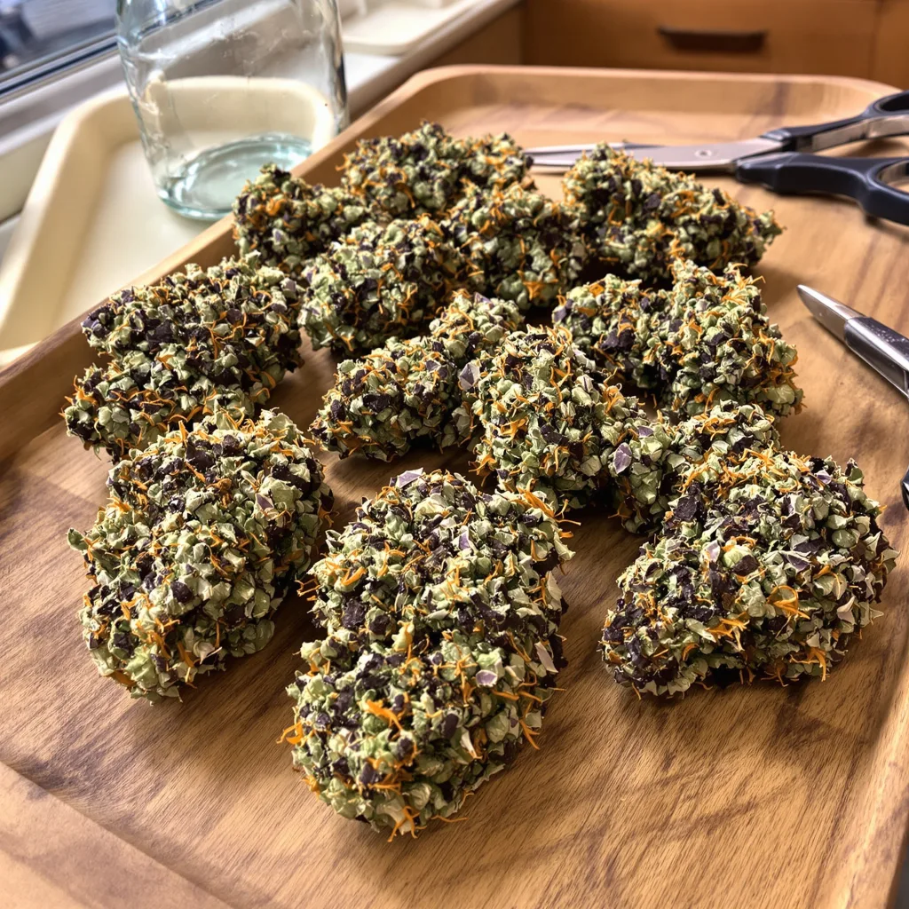 Harmonia 84% indica / 16% sativa — flor con tricomas visibles