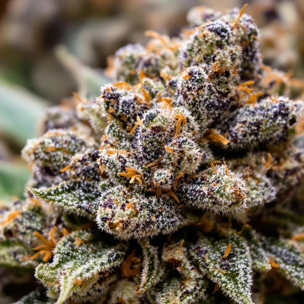 Primer plano de cogollo de cannabis Harmonia mostrando cálices densos con tonos morados