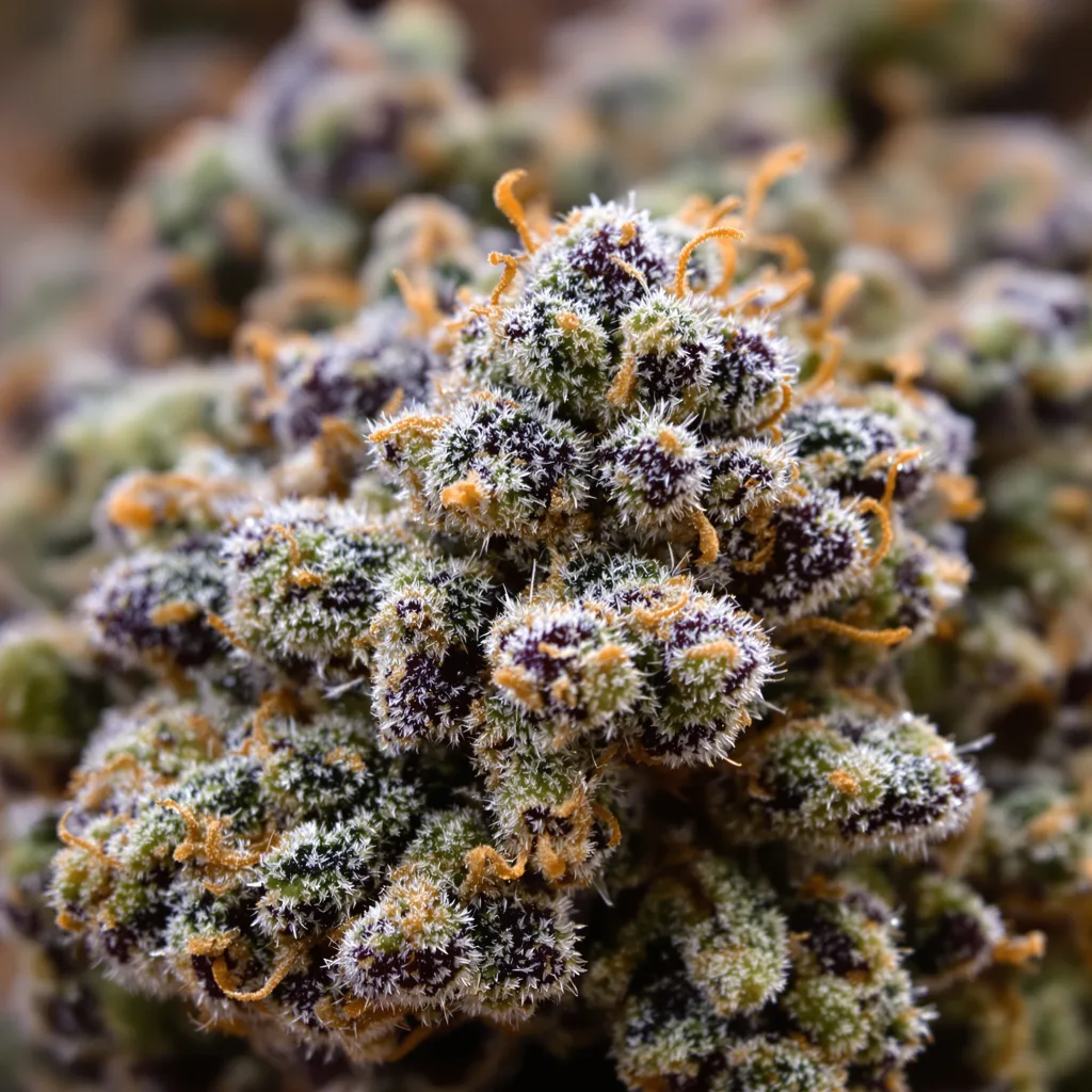 Primer plano de cogollo de cannabis Hashberry mostrando cálices densos con tonos morados