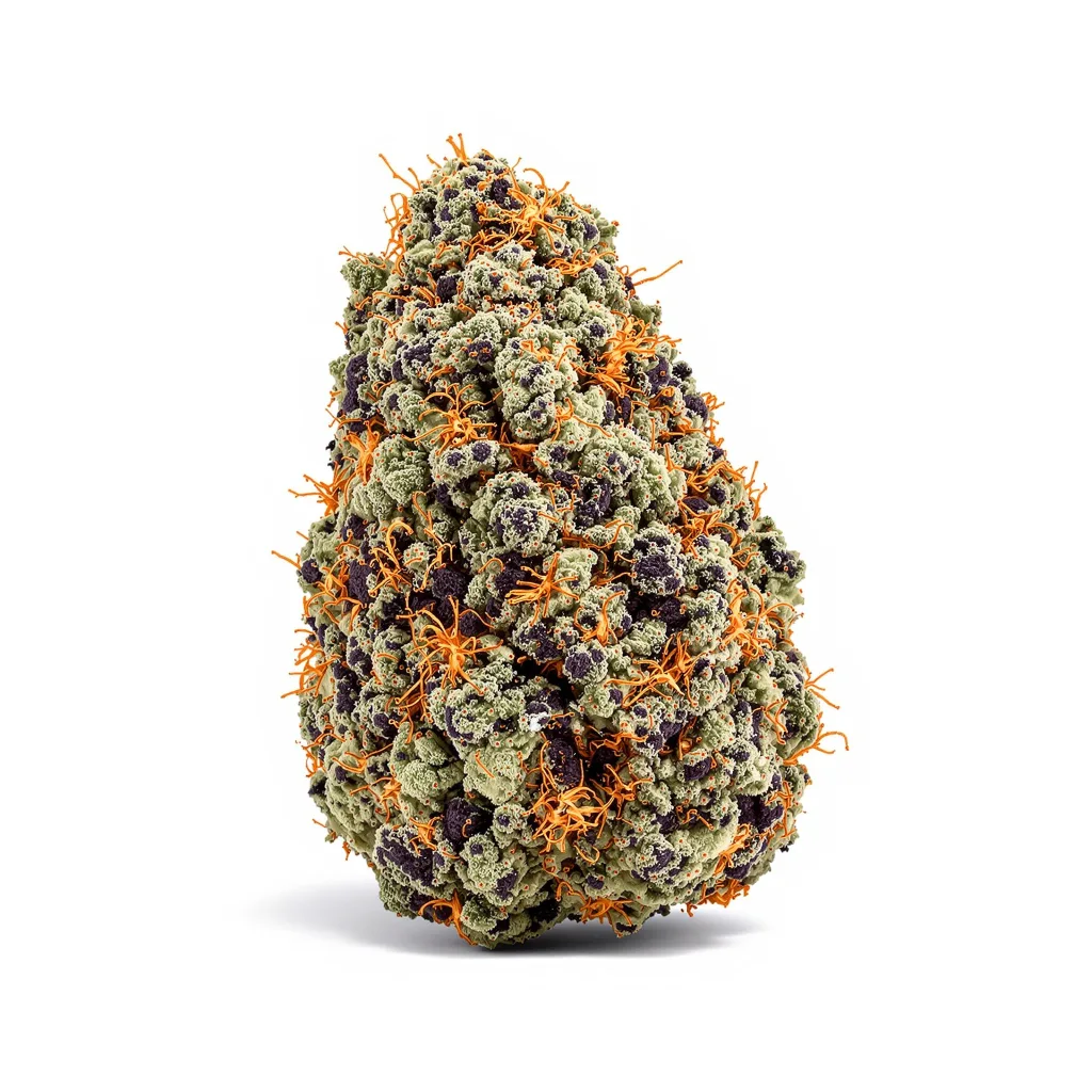 Hashberry 70% indica / 30% sativa — flor con tricomas visibles