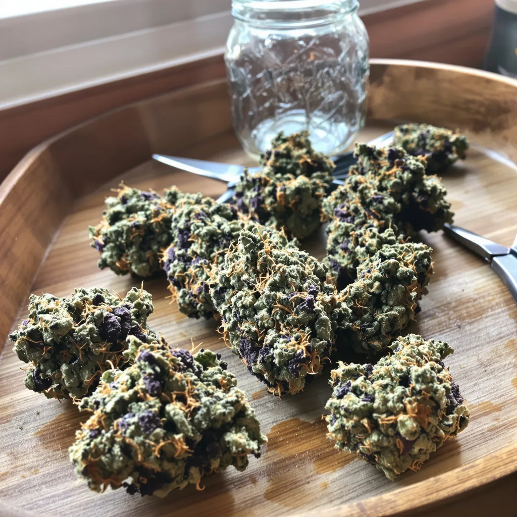 Hawaiian 84% indica / 16% sativa — flor con tricomas visibles