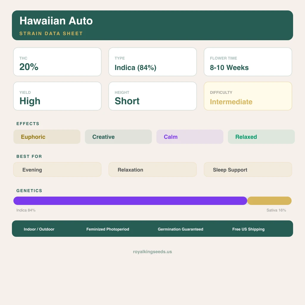 Hawaiian 84% indica / 16% sativa — flor con tricomas visibles