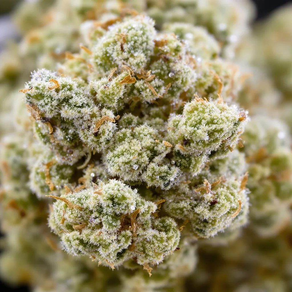 Primer plano de cogollo de cannabis Hawaiian Dream CBD mostrando flor clara con baja resina