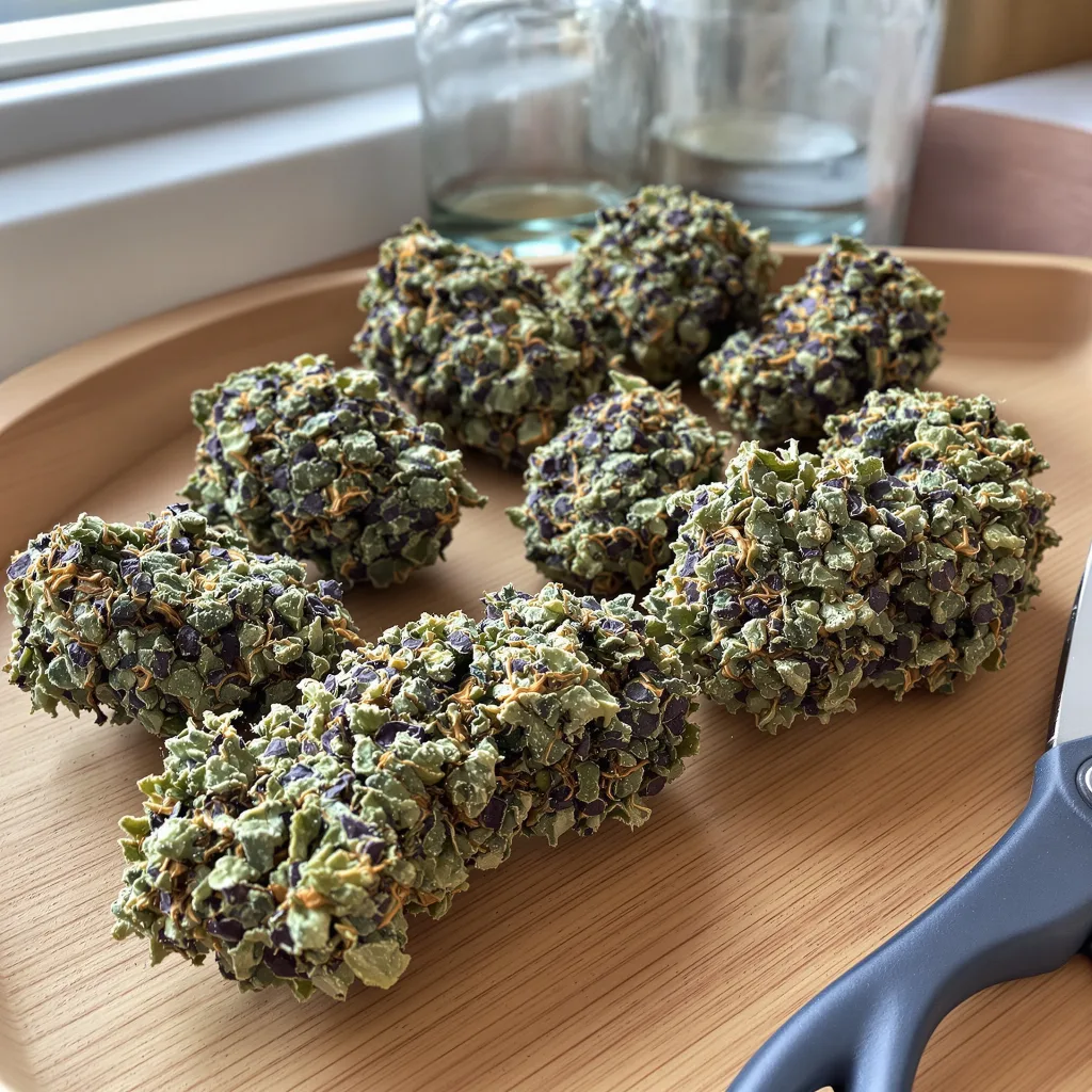 Hawaiian Purple Kush 85% indica / 15% sativa — flor con tricomas visibles