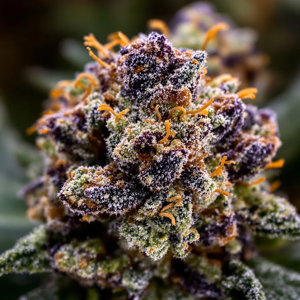Primer plano de cogollo de cannabis Hawaiian Purple Kush mostrando cálices densos con tonos morados
