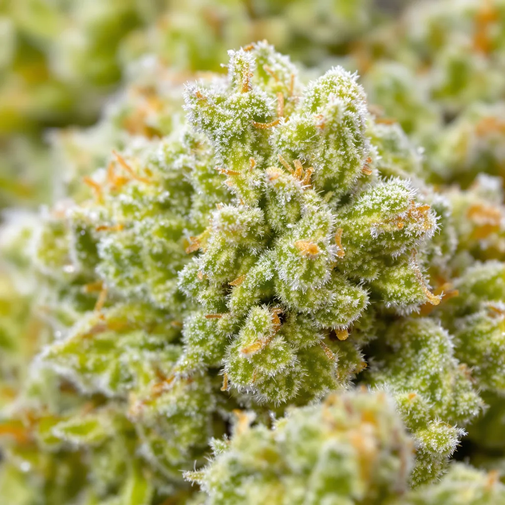 Primer plano de cogollo de cannabis Hawaiian Snow mostrando estructura aireada verde lima