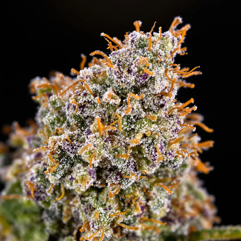 Primer plano de cogollo de cannabis Head Cheese mostrando estructura abierta con pistilos naranjas