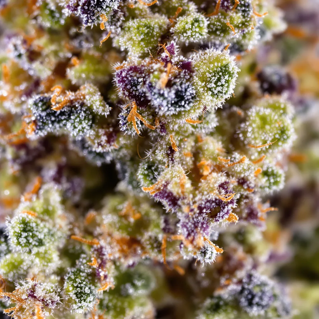 Primer plano de cogollo de cannabis Heavy Duty Fruity mostrando cogollos densos verde bosque