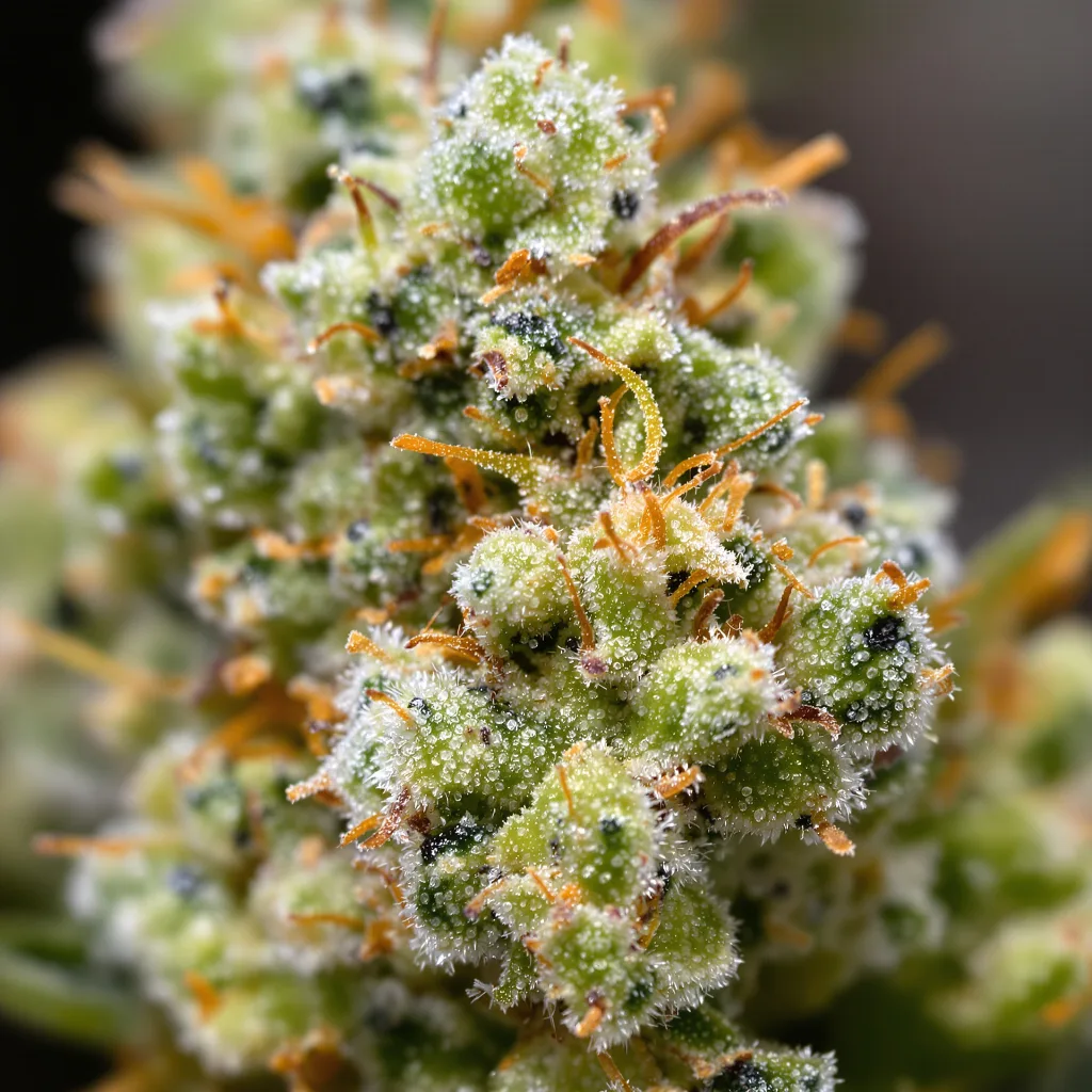 Primer plano de cogollo de cannabis Hektol mostrando estructura aireada verde lima