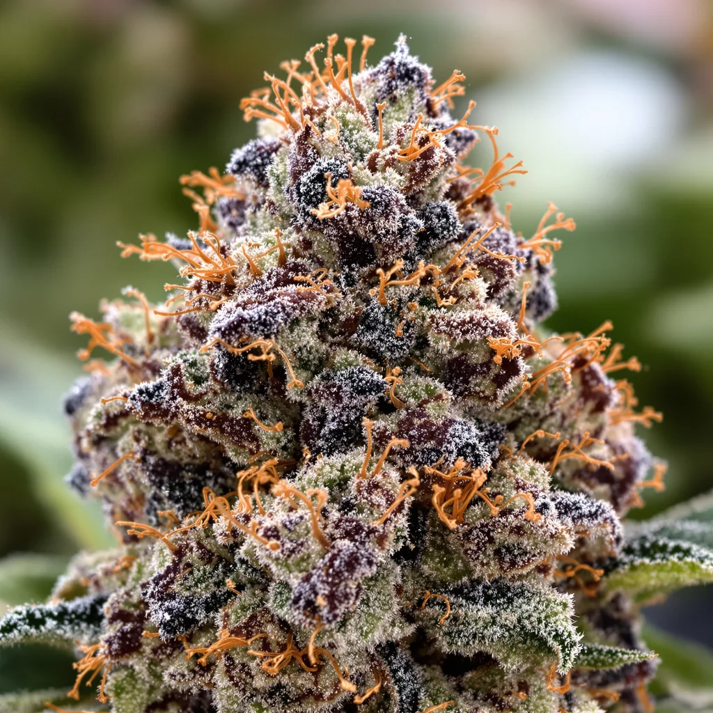 Primer plano de cogollo de cannabis Hells OG Haze mostrando cálices densos con tonos morados