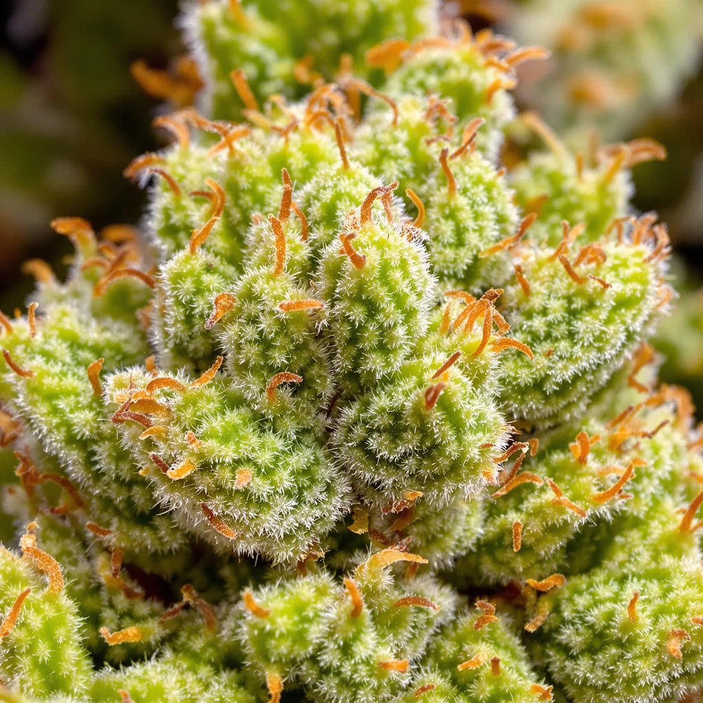 Primer plano de cogollo de cannabis Hempstar mostrando estructura aireada verde lima