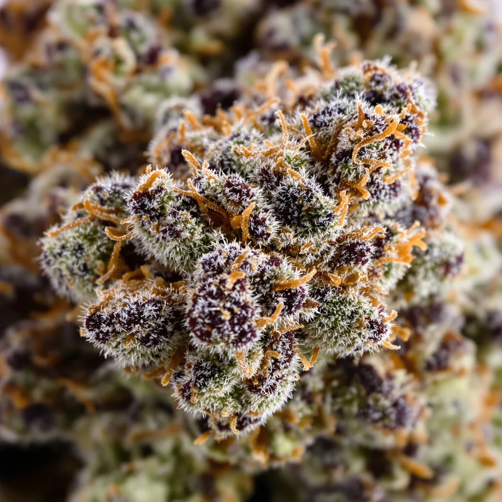 Primer plano de cogollo de cannabis Hercules mostrando cálices densos con tonos morados