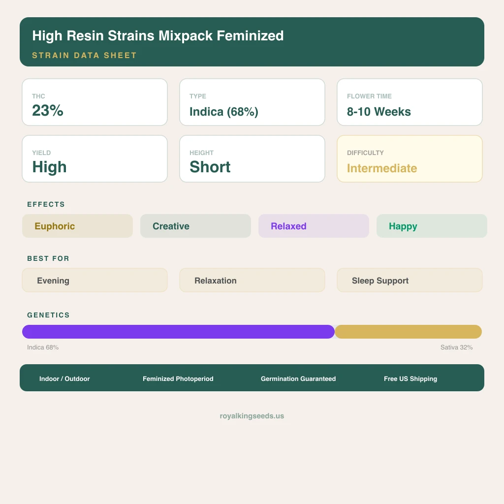 High Resin Strains Mixpack 68% indica / 32% sativa — flor con tricomas visibles
