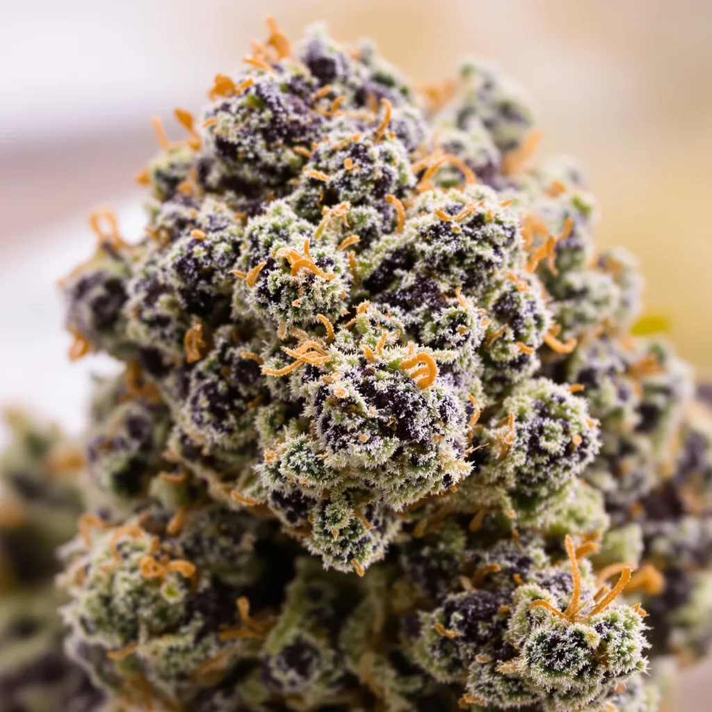 Primer plano de cogollo de cannabis High Resin Strains Mixpack mostrando cálices densos con tonos morados