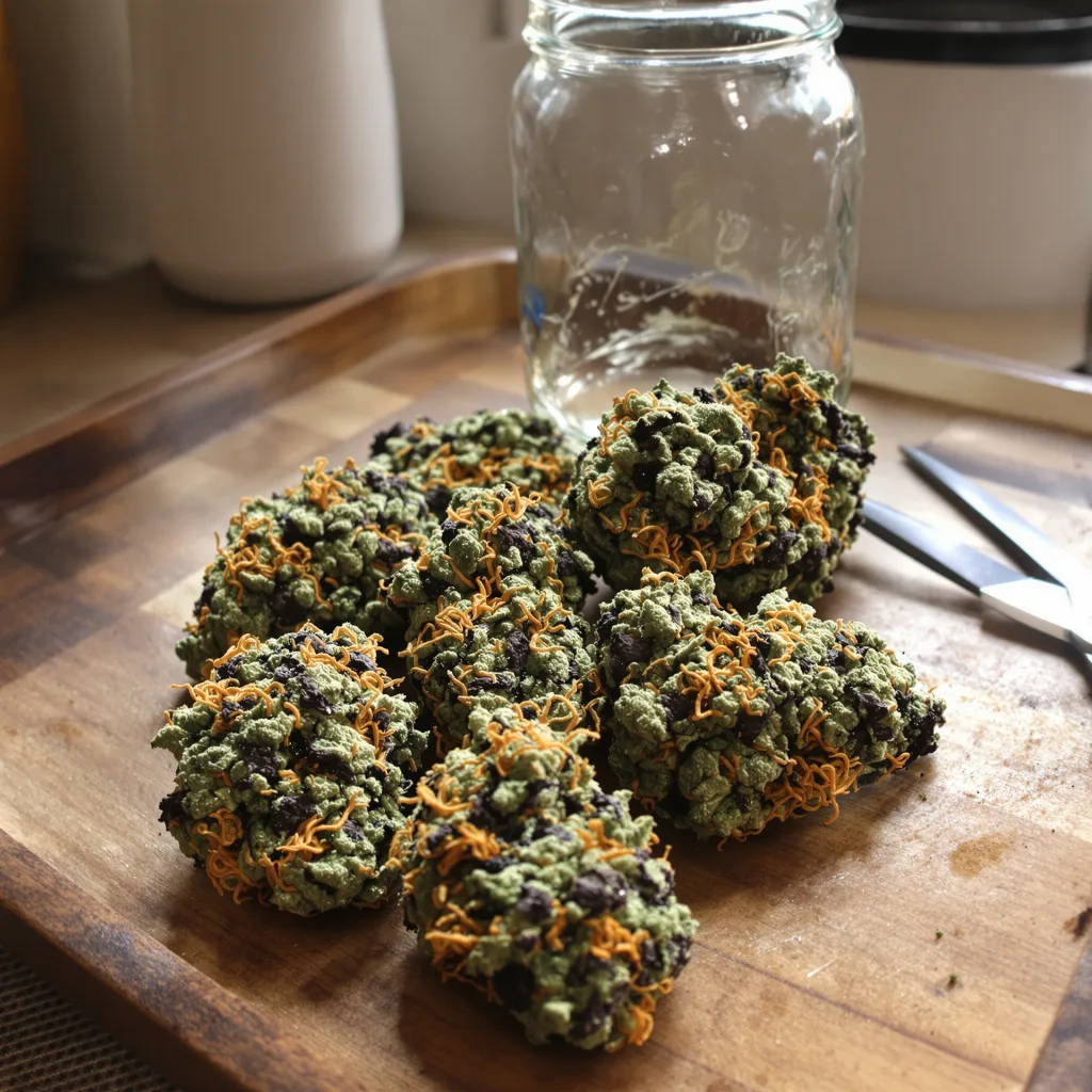 Highwayman 73% indica / 27% sativa — flor con tricomas visibles