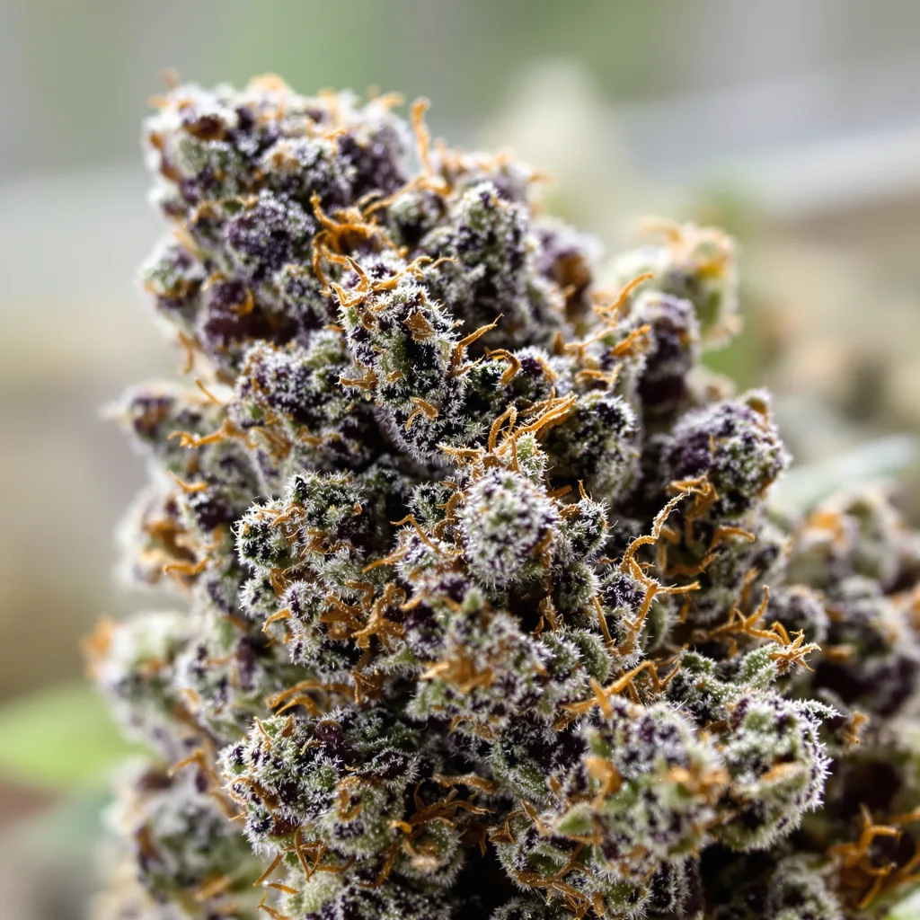 Primer plano de cogollo de cannabis Highwayman mostrando cálices densos con tonos morados