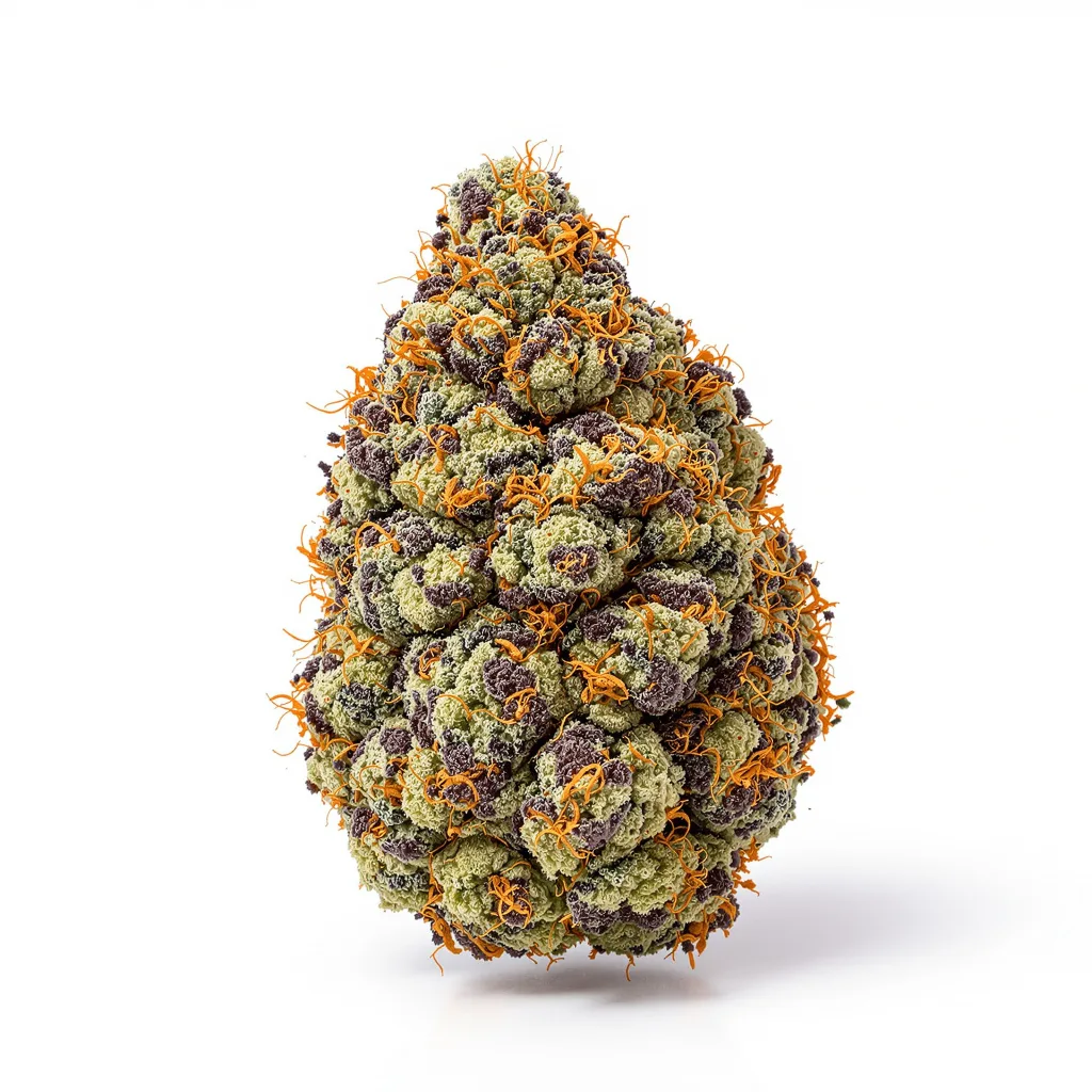 Highwayman 73% indica / 27% sativa — flor con tricomas visibles