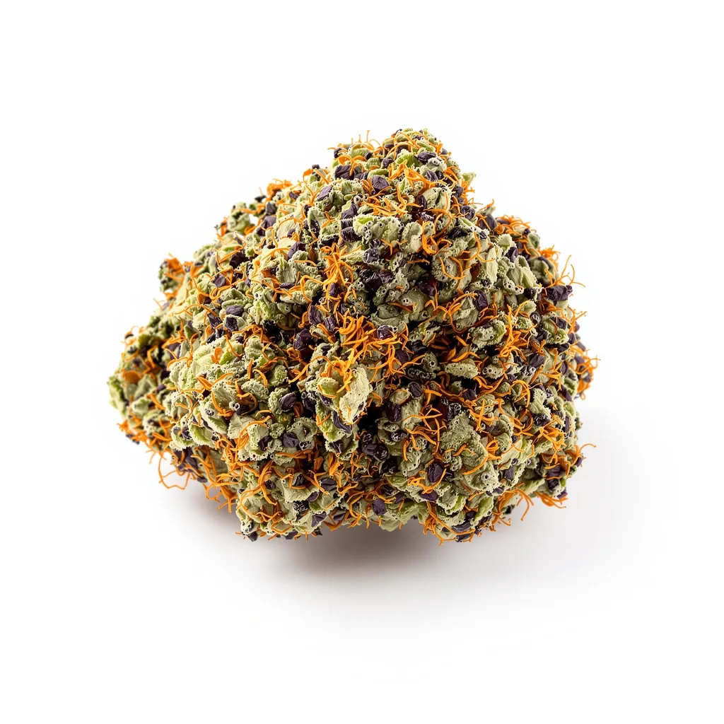 Hindu Kush 100% indica / 50% sativa — flor con tricomas visibles