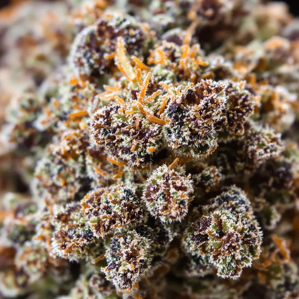 Primer plano de cogollo de cannabis Hindu Skunk mostrando cálices densos con tonos morados