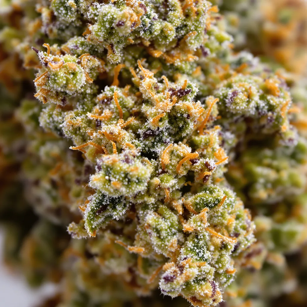 Primer plano de cogollo de cannabis Hippie Crippler mostrando estructura equilibrada con tricomas escarchados
