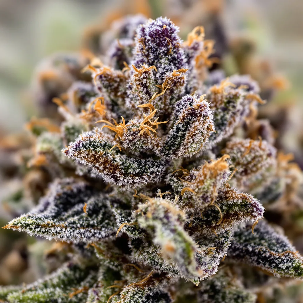 Primer plano de cogollo de cannabis Hog's Breath mostrando cálices densos con tonos morados