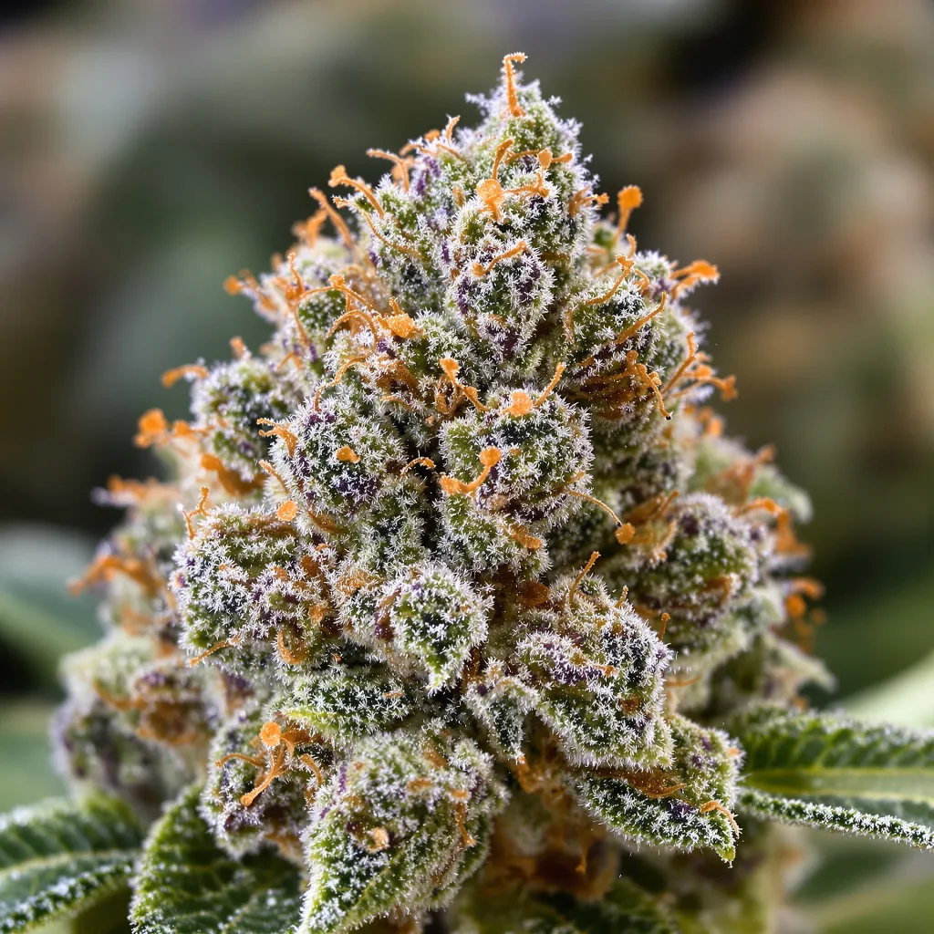 Primer plano de cogollo de cannabis Holy Grail Kush mostrando cogollos densos verde bosque