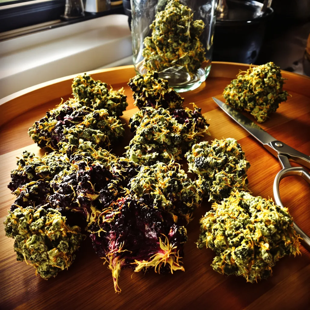 Honey Banana 67% indica / 33% sativa — flor con tricomas visibles