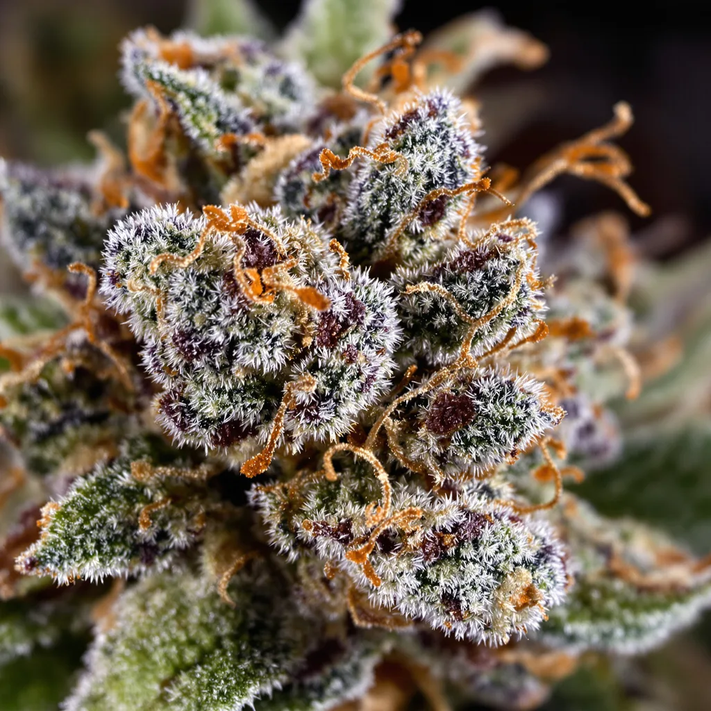 Primer plano de cogollo de cannabis Honey Bananas mostrando cálices densos con tonos morados