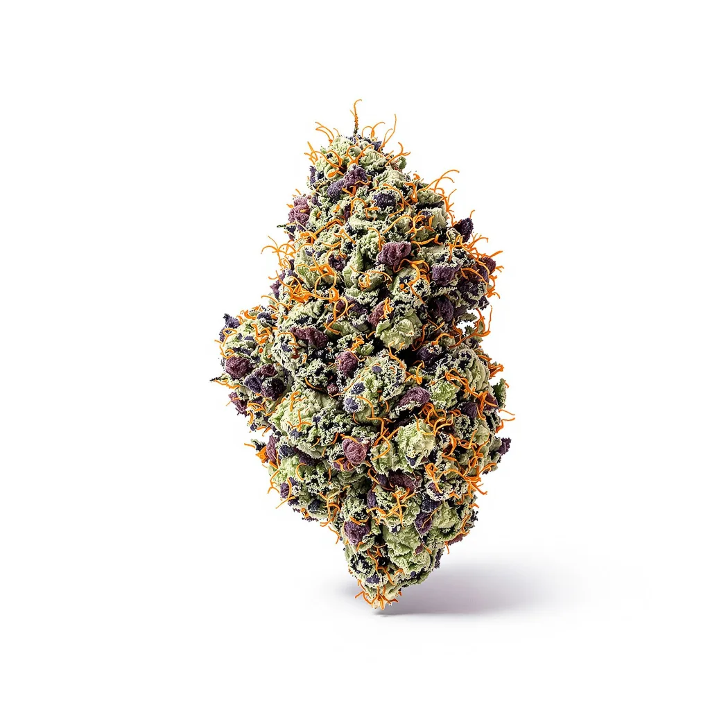 Honey Bananas 84% indica / 16% sativa — flor con tricomas visibles